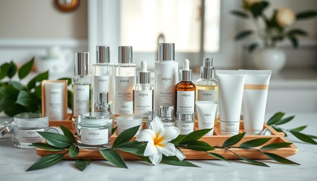 A beautifully arranged flat lay of a complete skincare routine, featuring an array of elegant skincare products like cleansers, serums, moisturizers, and sunscreens. The foreground showcases delicate glass containers and tubes with soft pastel labels, some open to reveal their textures, surrounded by fresh green leaves and a delicate flower. In the middle, a wooden tray holds the products neatly organized. The background features a soft-focus, bright vanity with subtle natural light streaming through a window, creating a serene and inviting atmosphere. Ensure the composition emphasizes simplicity and elegance, reflecting a calming skincare ritual. Aim for a warm and welcoming mood, inviting viewers to consider a complete skincare routine.