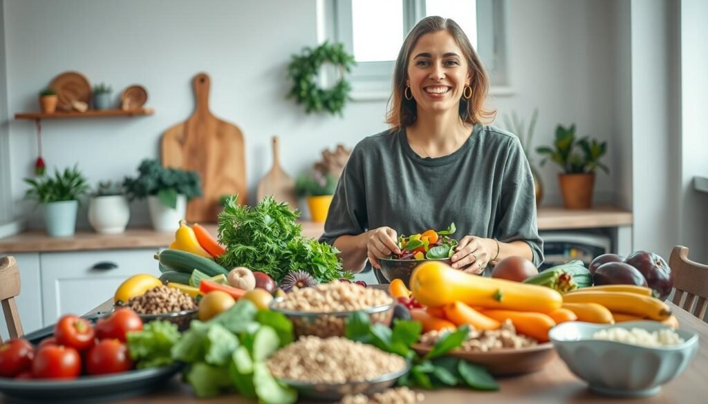 A beautifully arranged table showcasing a variety of healthy foods, such as vibrant fruits, organic vegetables, and whole grains, in the foreground. A woman in modest, casual clothing, joyfully preparing a colorful salad, with a look of contentment and focus. The middle ground features decorative kitchen elements, like a wooden cutting board and bright dishware, enhancing the lively atmosphere. In the background, soft, natural light streams in through a window, creating a warm and inviting feeling. The composition reflects themes of conscious eating and a nurturing lifestyle, imbued with an uplifting and serene mood, embodying the essence of a healthy feminine lifestyle. The angle captures the scene from a slight overhead perspective to emphasize the freshness of the food and the positive energy of the moment. A beautifully arranged table showcasing a variety of healthy foods, such as vibrant fruits, organic vegetables, and whole grains, in the foreground. A woman in modest, casual clothing, joyfully preparing a colorful salad, with a look of contentment and focus. The middle ground features decorative kitchen elements, like a wooden cutting board and bright dishware, enhancing the lively atmosphere. In the background, soft, natural light streams in through a window, creating a warm and inviting feeling. The composition reflects themes of conscious eating and a nurturing lifestyle, imbued with an uplifting and serene mood, embodying the essence of a healthy feminine lifestyle. The angle captures the scene from a slight overhead perspective to emphasize the freshness of the food and the positive energy of the moment.
