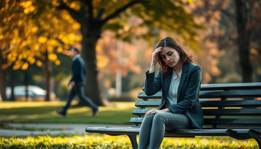A contemplative scene illustrating the theme of relationship self-neglect. In the foreground, a young professional woman, dressed in modest casual clothing, sits alone on a park bench, looking introspective and slightly melancholic. Her body language reflects uncertainty, with one hand resting on her forehead and the other dangling at her side. In the middle ground, a blurred figure of a man can be seen walking away, symbolizing emotional distance and disconnect. The background features softly blurred trees in autumn colors, with golden and red leaves creating a warm yet somber atmosphere. The lighting is soft and diffused, conveying a sense of calm melancholy, with gentle shadows cast by the trees, enhancing the mood of introspection. A contemplative scene illustrating the theme of relationship self-neglect. In the foreground, a young professional woman, dressed in modest casual clothing, sits alone on a park bench, looking introspective and slightly melancholic. Her body language reflects uncertainty, with one hand resting on her forehead and the other dangling at her side. In the middle ground, a blurred figure of a man can be seen walking away, symbolizing emotional distance and disconnect. The background features softly blurred trees in autumn colors, with golden and red leaves creating a warm yet somber atmosphere. The lighting is soft and diffused, conveying a sense of calm melancholy, with gentle shadows cast by the trees, enhancing the mood of introspection.