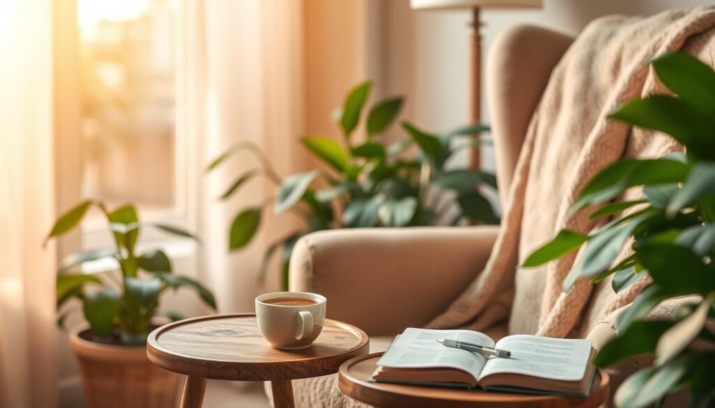 A cozy and serene corner of a home designed for self-care, featuring a plush armchair draped with a soft throw blanket. In the foreground, a small wooden side table holds a steaming cup of herbal tea and an open journal with a pen beside it. The middle ground showcases lush indoor plants bringing greenery and life to the space. A warm, golden light filters through a nearby window, casting gentle shadows and creating an inviting ambiance. The background is softly blurred, suggesting a peaceful atmosphere. The overall mood is tranquil and rejuvenating, evoking the idea of taking a moment for oneself in a nurturing environment. The composition should capture the essence of self-care in a homely setting, focusing on warmth and comfort. A cozy and serene corner of a home designed for self-care, featuring a plush armchair draped with a soft throw blanket. In the foreground, a small wooden side table holds a steaming cup of herbal tea and an open journal with a pen beside it. The middle ground showcases lush indoor plants bringing greenery and life to the space. A warm, golden light filters through a nearby window, casting gentle shadows and creating an inviting ambiance. The background is softly blurred, suggesting a peaceful atmosphere. The overall mood is tranquil and rejuvenating, evoking the idea of taking a moment for oneself in a nurturing environment. The composition should capture the essence of self-care in a homely setting, focusing on warmth and comfort.