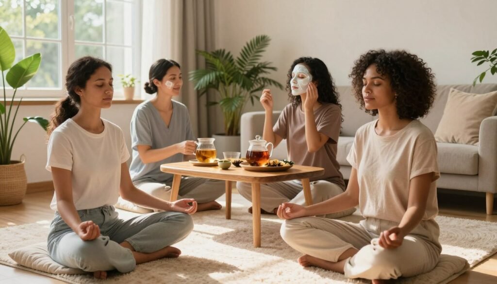 A cozy self-care scene set in a softly lit, inviting room, featuring a diverse group of women in modest casual clothing engaged in various self-care activities. In the foreground, a woman sits cross-legged on a plush rug, meditating with a serene expression. In the middle, another woman applies a soothing face mask while a third prepares herbal tea at a stylish wooden table. The background shows lush indoor plants and warm ambient lighting, creating a relaxing atmosphere. The room is adorned with calming colors, adding to the sense of tranquility. The overall mood is peaceful and rejuvenating, emphasizing the importance of self-care in daily life. Capture the scene with a slightly wide-angle lens to encompass all activities, focusing on warm sunlight streaming through a large window.