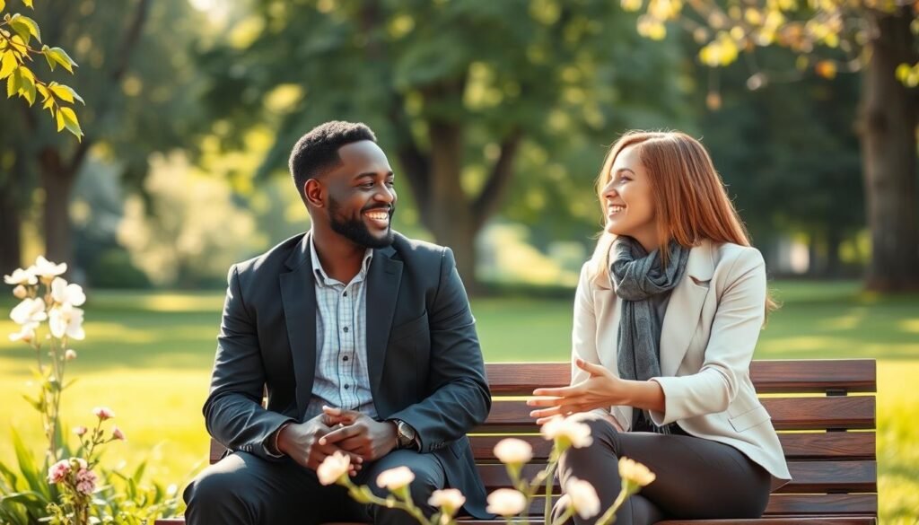 A harmonious scene depicting a healthy relationship between two diverse individuals, one male and one female, engaged in a light-hearted conversation outdoors. In the foreground, they are seated on a park bench, sharing smiles, with open body language that reflects trust and respect. The middle ground features lush greenery and blooming flowers, symbolizing growth and vitality, while a gentle breeze rustles the leaves, enhancing the atmosphere of connection. In the background, soft sunlight filters through the trees, casting a warm glow on the scene, suggesting an inviting and peaceful environment. The overall mood is uplifting and balanced, embodying the concept of giving and receiving in relationships. The individuals wear casual yet professional attire, ensuring a respectful presentation. A harmonious scene depicting a healthy relationship between two diverse individuals, one male and one female, engaged in a light-hearted conversation outdoors. In the foreground, they are seated on a park bench, sharing smiles, with open body language that reflects trust and respect. The middle ground features lush greenery and blooming flowers, symbolizing growth and vitality, while a gentle breeze rustles the leaves, enhancing the atmosphere of connection. In the background, soft sunlight filters through the trees, casting a warm glow on the scene, suggesting an inviting and peaceful environment. The overall mood is uplifting and balanced, embodying the concept of giving and receiving in relationships. The individuals wear casual yet professional attire, ensuring a respectful presentation.