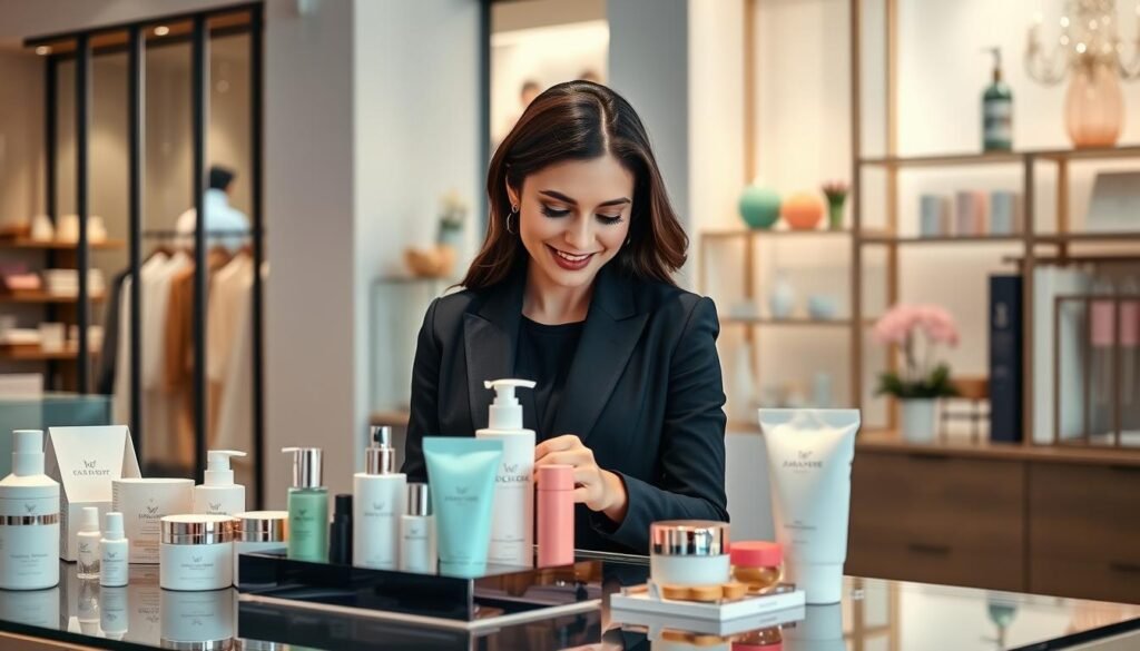 A modern woman, elegantly dressed in professional attire, examines a selection of beauty and wellness products in a chic, contemporary storefront. In the foreground, a display table showcases beautifully packaged skincare and lifestyle items, highlighting the thoughtful curation for self-care. The middle ground features the woman smiling and engaged, with her thoughtful expression reflecting her discernment in purchasing choices. The background includes a stylish boutique setting with soft, ambient lighting, showcasing an inviting atmosphere filled with pastel colors and elegant decor. The scene captures a balance of empowerment and tranquility, emphasizing the modern woman's approach to wellness and self-care, framed at a slight angle to enhance depth and focus on the purchasing behavior. A modern woman, elegantly dressed in professional attire, examines a selection of beauty and wellness products in a chic, contemporary storefront. In the foreground, a display table showcases beautifully packaged skincare and lifestyle items, highlighting the thoughtful curation for self-care. The middle ground features the woman smiling and engaged, with her thoughtful expression reflecting her discernment in purchasing choices. The background includes a stylish boutique setting with soft, ambient lighting, showcasing an inviting atmosphere filled with pastel colors and elegant decor. The scene captures a balance of empowerment and tranquility, emphasizing the modern woman's approach to wellness and self-care, framed at a slight angle to enhance depth and focus on the purchasing behavior.