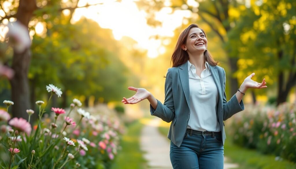 A serene and empowering scene depicting a woman in a vibrant, lush park, embodying personal transformation. In the foreground, the woman stands confidently, dressed in professional casual attire, with a joyful expression as she looks towards the horizon. Her posture is open and inviting, symbolizing growth and new beginnings. In the middle ground, blooming flowers and soft greenery frame her, representing hope and renewal. The background features soft, golden sunlight filtering through the trees, casting gentle rays that enhance the uplifting atmosphere. A slightly blurred path leads into the distance, symbolizing the journey of personal transformation. The overall mood is inspiring and peaceful, encouraging a sense of empowerment and positive change. The composition should have a shallow depth of field to draw focus on the woman while maintaining a soft, inviting environment.
