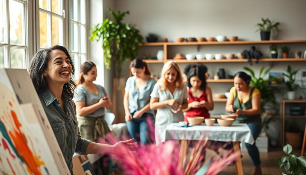 A serene and inspiring scene showcasing a diverse group of individuals engaged in creative experiences. In the foreground, a young woman in professional casual attire joyfully paints on a canvas, surrounded by vibrant splashes of color. The middle ground features a small group participating in a hands-on pottery workshop, with expressions of concentration and joy, while natural light streams in from large windows. In the background, shelves filled with art supplies and a plant-filled corner create a warm, inviting atmosphere. The overall mood is uplifting and empowering, emphasizing personal growth through creativity. Soft, natural lighting enhances the vibrant colors and fosters a sense of harmony and inspiration. The angle captures the interaction and enthusiasm of the participants, encapsulating the essence of investing in oneself through creative experiences. A serene and inspiring scene showcasing a diverse group of individuals engaged in creative experiences. In the foreground, a young woman in professional casual attire joyfully paints on a canvas, surrounded by vibrant splashes of color. The middle ground features a small group participating in a hands-on pottery workshop, with expressions of concentration and joy, while natural light streams in from large windows. In the background, shelves filled with art supplies and a plant-filled corner create a warm, inviting atmosphere. The overall mood is uplifting and empowering, emphasizing personal growth through creativity. Soft, natural lighting enhances the vibrant colors and fosters a sense of harmony and inspiration. The angle captures the interaction and enthusiasm of the participants, encapsulating the essence of investing in oneself through creative experiences.
