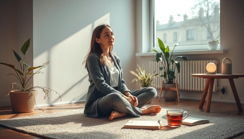 A serene and introspective scene depicting a woman in a modern, minimalist workspace reflecting self-discovery and personal growth. In the foreground, she sits cross-legged on a cozy, neutral-toned rug, dressed in professional yet comfortable attire, with a thoughtful expression on her face. Surrounding her are soft, warm lighting and delicate plants that embody tranquility, while a large window in the background allows natural light to flood the space, casting gentle shadows. On a nearby table, a journal and a steaming cup of herbal tea suggest moments of contemplation. The overall atmosphere is peaceful and empowering, highlighting the theme of barriers to self-awareness as she engages in personal reflection, encouraging an inspiring mood that speaks to the journey of feminine self-knowledge.