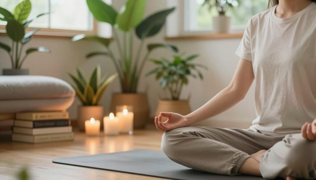 A serene and inviting indoor setting focused on self-care and wellness. In the foreground, a person dressed in comfortable, modest casual wear practices mindfulness through meditation or yoga, radiating a sense of calm and tranquility. In the middle, a beautifully arranged space with lush indoor plants, soft lighting, and aromatic candles creates a warm, peaceful atmosphere. A cozy reading nook with inspirational books is partially visible, representing personal growth. The background features a soft-focus window with natural light streaming in, enhancing the feeling of relaxation and rejuvenation. The overall mood is soothing and uplifting, embodying the importance of self-care as an investment in health and well-being.