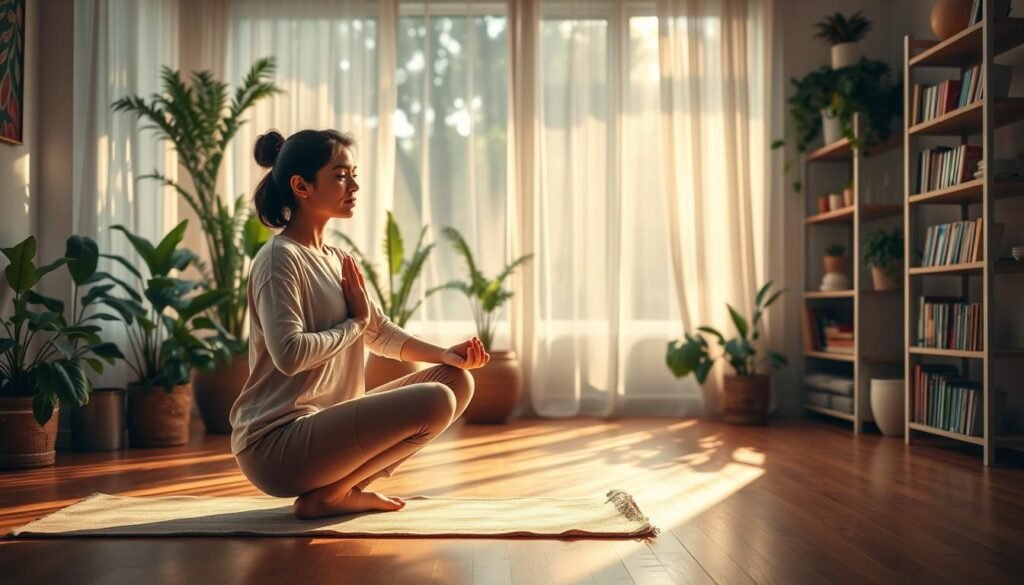 A serene and inviting scene centered on the theme of self-care. In the foreground, a woman of diverse background in modest, comfortable clothing practices yoga on a soft mat, embodying tranquility and mindfulness. The middle ground features a lush indoor space with plants and warm lighting, emphasizing a cozy and nurturing atmosphere. Natural sunlight filters through sheer curtains, casting gentle patterns on the wooden floor. In the background, shelves filled with wellness books and herbal teas create a feeling of harmony and self-awareness. The mood is peaceful and uplifting, inviting viewers to reflect on holistic health and the importance of understanding one's own body.