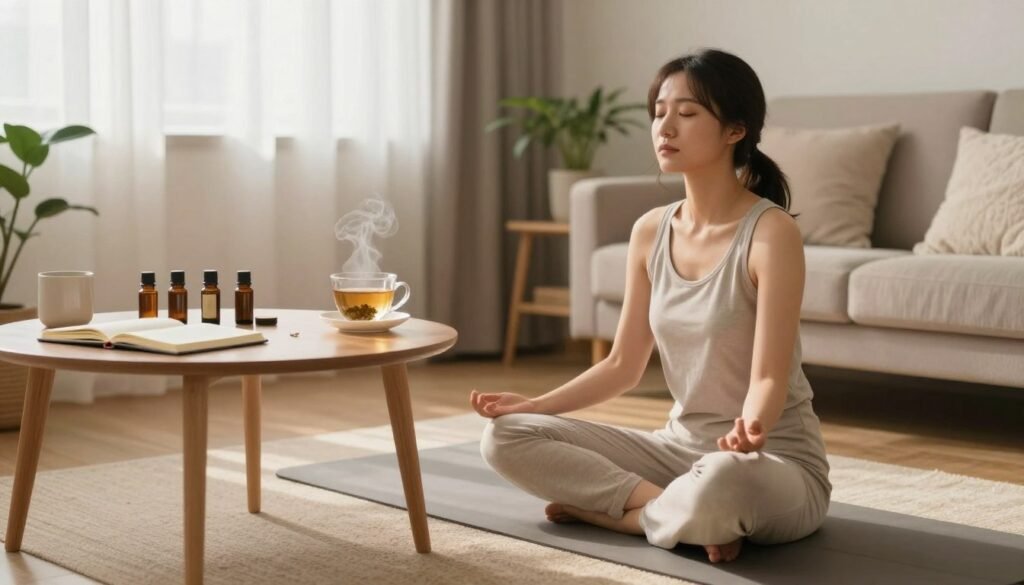 A serene and inviting self-care routine scene for women, showcasing different moments of the day. In the foreground, a calm woman in cozy yet modest loungewear practicing yoga on a mat, reflecting tranquility. In the middle, a coffee table featuring a journal, essential oils, and a steaming cup of herbal tea, symbolizing mindfulness. The background reveals soft, warm lighting filtering through sheer curtains, creating a cozy atmosphere in a well-decorated living room with plants and soft pillows. The composition captures a sense of relaxation and empowerment, encouraging self-care amidst a busy lifestyle. The mood is peaceful and introspective, perfect for illustrating a self-care routine for tired women.