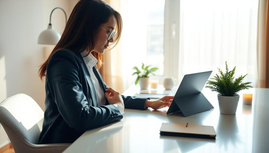 A serene and inviting workspace featuring a person sitting at a modern, sleek desk. In the foreground, the individual, dressed in professional business attire, is focused on a tablet displaying a mental health application. The middle ground showcases cozy elements like a potted plant and a scented candle, enhancing the relaxing atmosphere. The background includes a large window with soft, natural light streaming in, illuminating the room and casting gentle shadows. The overall mood is calm and conducive to mental wellness, reflecting the positive impact of technology on mental health. Use a warm color palette and ensure a balanced composition that draws attention to the interaction between the person and the technology. Aim for a soft focus lens effect to create a dreamy ambiance.