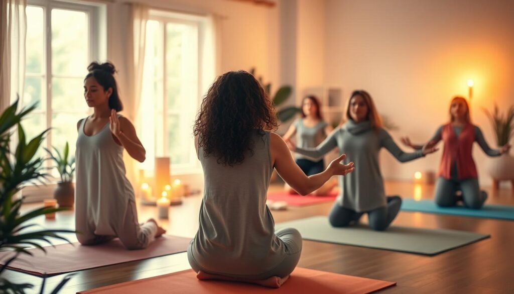 A serene and nurturing scene illustrating women's mental health and self-care. In the foreground, a diverse group of women in modest casual clothing are engaged in a calming yoga practice on vibrant mats, radiating tranquility. The middle ground features soft natural elements, such as lush plants and gentle candlelight, creating a peaceful ambience. The background displays a softly lit room with large windows allowing warm sunlight to filter in, casting a golden glow. The overall mood is one of serenity and empowerment, emphasizing wellness and self-awareness. Capture this moment with a soft-focus lens to enhance the ethereal atmosphere, using warm colors to evoke a sense of comfort and safety. A serene and nurturing scene illustrating women's mental health and self-care. In the foreground, a diverse group of women in modest casual clothing are engaged in a calming yoga practice on vibrant mats, radiating tranquility. The middle ground features soft natural elements, such as lush plants and gentle candlelight, creating a peaceful ambience. The background displays a softly lit room with large windows allowing warm sunlight to filter in, casting a golden glow. The overall mood is one of serenity and empowerment, emphasizing wellness and self-awareness. Capture this moment with a soft-focus lens to enhance the ethereal atmosphere, using warm colors to evoke a sense of comfort and safety.