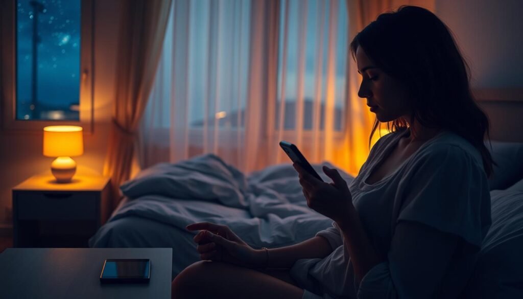A serene bedroom at night, illuminated by the soft glow of a smartphone on a bedside table. In the foreground, a woman in modest sleepwear peers at her device, reflecting concern about her sleep quality. The middle ground features a cozy bed adorned with fluffy pillows, creating an inviting atmosphere. In the background, a window reveals a starry sky, partially obscured by sheer curtains that flutter gently. Warm, ambient lighting casts gentle shadows, enhancing the mood of contemplation and the delicate balance between technology and rest. The scene conveys the impact of electronic devices on sleep, emphasizing tranquility amidst digital distractions. A serene bedroom at night, illuminated by the soft glow of a smartphone on a bedside table. In the foreground, a woman in modest sleepwear peers at her device, reflecting concern about her sleep quality. The middle ground features a cozy bed adorned with fluffy pillows, creating an inviting atmosphere. In the background, a window reveals a starry sky, partially obscured by sheer curtains that flutter gently. Warm, ambient lighting casts gentle shadows, enhancing the mood of contemplation and the delicate balance between technology and rest. The scene conveys the impact of electronic devices on sleep, emphasizing tranquility amidst digital distractions.