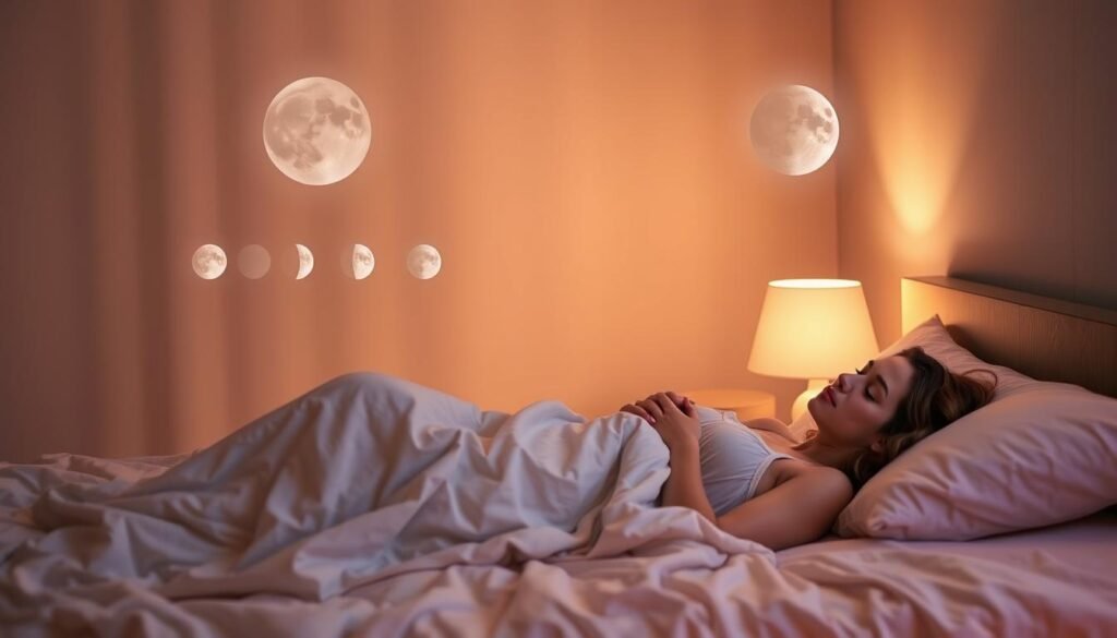 A serene bedroom setting at night, softly illuminated by warm, diffused lighting that creates a calming atmosphere. In the foreground, a woman in modest sleepwear, lying peacefully in bed, surrounded by cozy blankets and pillows, conveys relaxation. A gentle glow emanates from a bedside lamp, portraying tranquility. In the middle ground, a calming depiction of the lunar cycle and soft hormone symbols like estrogen and progesterone floating subtly, symbolizing the connection between hormones and sleep. The background features soothing pastel colors and dreamlike patterns that reflect a sense of restfulness. The composition is balanced and inviting, evoking a mood of serenity and comfort, illustrating the impact of hormonal factors on women's sleep. A serene bedroom setting at night, softly illuminated by warm, diffused lighting that creates a calming atmosphere. In the foreground, a woman in modest sleepwear, lying peacefully in bed, surrounded by cozy blankets and pillows, conveys relaxation. A gentle glow emanates from a bedside lamp, portraying tranquility. In the middle ground, a calming depiction of the lunar cycle and soft hormone symbols like estrogen and progesterone floating subtly, symbolizing the connection between hormones and sleep. The background features soothing pastel colors and dreamlike patterns that reflect a sense of restfulness. The composition is balanced and inviting, evoking a mood of serenity and comfort, illustrating the impact of hormonal factors on women's sleep.