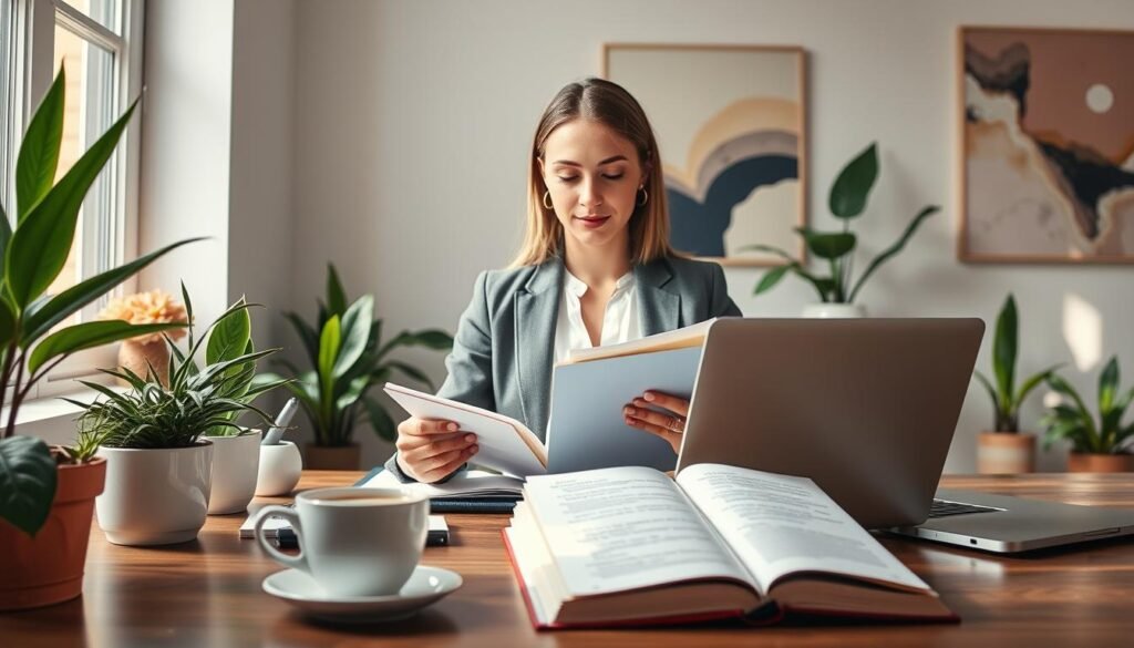 A serene home office scene featuring a woman in professional business attire, sitting at a stylish desk surrounded by indoor plants and natural light streaming in from a window. She is calmly organizing her planner and laptop, reflecting a productive routine that aligns with her energy. In the foreground, a cup of herbal tea and an open journal with inspirational quotes. In the middle, the woman looks focused yet relaxed, with soft expressions emphasizing balance and mindfulness. The background showcases calming pastel colors on the walls and an abstract art piece that enhances the tranquil atmosphere. Use soft, diffused lighting for a warm and inviting feel, with a slightly elevated angle to capture the essence of her productive environment. A serene home office scene featuring a woman in professional business attire, sitting at a stylish desk surrounded by indoor plants and natural light streaming in from a window. She is calmly organizing her planner and laptop, reflecting a productive routine that aligns with her energy. In the foreground, a cup of herbal tea and an open journal with inspirational quotes. In the middle, the woman looks focused yet relaxed, with soft expressions emphasizing balance and mindfulness. The background showcases calming pastel colors on the walls and an abstract art piece that enhances the tranquil atmosphere. Use soft, diffused lighting for a warm and inviting feel, with a slightly elevated angle to capture the essence of her productive environment.
