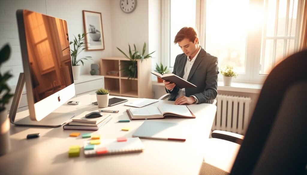 A serene home office scene representing personal organization. In the foreground, a neatly organized desk with a computer, a planner, and colorful sticky notes. The middle ground features a calm individual dressed in smart casual attire, focused and writing in their planner, surrounded by minimalistic décor that promotes productivity. In the background, a large window allows warm, natural light to flood the room, illuminating a few potted plants that bring a touch of nature indoors. The atmosphere is tranquil and motivating, evoking a sense of balance and control over one’s life. Soft shadows and a slight depth of field create a cozy, inviting feel, emphasizing the themes of clarity and organization in one’s personal space. A serene home office scene representing personal organization. In the foreground, a neatly organized desk with a computer, a planner, and colorful sticky notes. The middle ground features a calm individual dressed in smart casual attire, focused and writing in their planner, surrounded by minimalistic décor that promotes productivity. In the background, a large window allows warm, natural light to flood the room, illuminating a few potted plants that bring a touch of nature indoors. The atmosphere is tranquil and motivating, evoking a sense of balance and control over one’s life. Soft shadows and a slight depth of field create a cozy, inviting feel, emphasizing the themes of clarity and organization in one’s personal space.