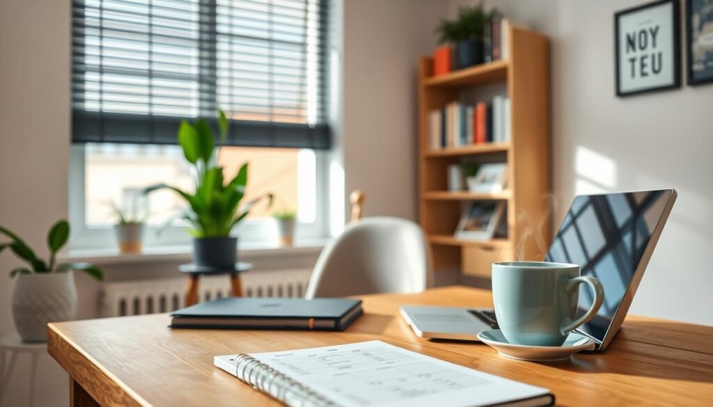 A serene home office scene, showcasing a balanced daily routine. In the foreground, a wooden desk adorned with a neat planner, a laptop, and a steaming cup of herbal tea, symbolizing focus and tranquility. In the middle ground, a window with natural light streaming in, illuminating fresh potted plants that add life to the space. A comfortable chair is positioned thoughtfully, suggesting a cozy yet productive atmosphere. In the background, a soft view of an organized bookshelf filled with motivational books and a small, calming artwork. The room is painted in soft pastel colors, enhancing a peaceful, organized vibe. The mood is harmonious and uplifting, with bright, inviting lighting to emphasize balance and clarity. A serene home office scene, showcasing a balanced daily routine. In the foreground, a wooden desk adorned with a neat planner, a laptop, and a steaming cup of herbal tea, symbolizing focus and tranquility. In the middle ground, a window with natural light streaming in, illuminating fresh potted plants that add life to the space. A comfortable chair is positioned thoughtfully, suggesting a cozy yet productive atmosphere. In the background, a soft view of an organized bookshelf filled with motivational books and a small, calming artwork. The room is painted in soft pastel colors, enhancing a peaceful, organized vibe. The mood is harmonious and uplifting, with bright, inviting lighting to emphasize balance and clarity.