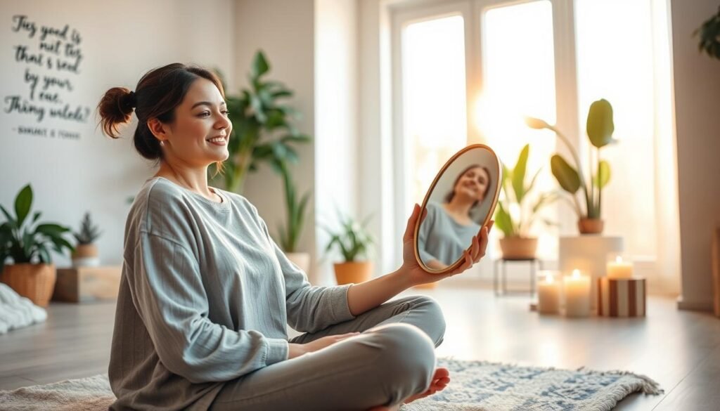 A serene indoor scene capturing a moment of self-reflection and self-love. In the foreground, a woman in modest casual clothing sits cross-legged on a soft rug, gently smiling as she gazes into a handheld mirror, her eyes radiating confidence. In the middle ground, a cozy, warmly lit room filled with indoor plants and softly lit candles creates an inviting atmosphere. A wall adorned with motivational quotes and a soft pastel color palette enhances the feeling of positivity and growth. The background features a large window that lets in golden sunlight, casting a warm glow throughout the space, symbolizing transformation and inner peace. The overall mood is empowering and uplifting, inviting viewers to embrace their own self-worth. A serene indoor scene capturing a moment of self-reflection and self-love. In the foreground, a woman in modest casual clothing sits cross-legged on a soft rug, gently smiling as she gazes into a handheld mirror, her eyes radiating confidence. In the middle ground, a cozy, warmly lit room filled with indoor plants and softly lit candles creates an inviting atmosphere. A wall adorned with motivational quotes and a soft pastel color palette enhances the feeling of positivity and growth. The background features a large window that lets in golden sunlight, casting a warm glow throughout the space, symbolizing transformation and inner peace. The overall mood is empowering and uplifting, inviting viewers to embrace their own self-worth.