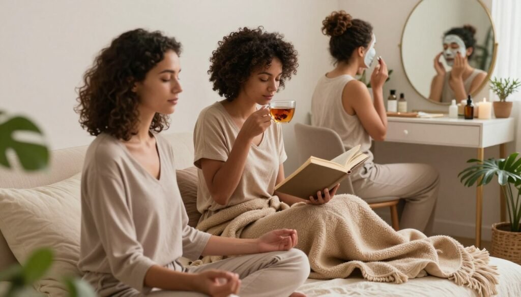A serene indoor scene representing "female self-care," featuring a diverse group of women engaging in different self-care rituals. In the foreground, a woman in modest, comfortable loungewear is meditating, surrounded by soft pillows and greenery. In the middle, another woman is sipping herbal tea while reading a book, with a warm, inviting blanket draped over her lap. In the background, a third woman is caring for her skin, applying a nourishing face mask at a beautifully arranged vanity filled with natural skincare products. The lighting is soft and warm, creating a cozy atmosphere, highlighting the peacefulness of the moment. The angle captures the depth of the room while ensuring the focus is on the intimate act of self-care, evoking a mood of relaxation and wellness. A serene indoor scene representing "female self-care," featuring a diverse group of women engaging in different self-care rituals. In the foreground, a woman in modest, comfortable loungewear is meditating, surrounded by soft pillows and greenery. In the middle, another woman is sipping herbal tea while reading a book, with a warm, inviting blanket draped over her lap. In the background, a third woman is caring for her skin, applying a nourishing face mask at a beautifully arranged vanity filled with natural skincare products. The lighting is soft and warm, creating a cozy atmosphere, highlighting the peacefulness of the moment. The angle captures the depth of the room while ensuring the focus is on the intimate act of self-care, evoking a mood of relaxation and wellness.