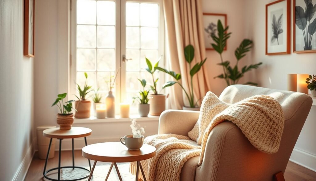 A serene indoor space that embodies the essence of self-care, featuring a cozy nook with soft textures and calming colors. In the foreground, a plush armchair draped with a knitted throw and a small side table holding a steaming cup of herbal tea. The middle ground reveals a large window with sunlight gently streaming in, illuminating potted plants and fragrant candles. The background is decorated with soothing artwork on the walls and a soft rug beneath the chair. The lighting is warm and inviting, creating an atmosphere of tranquility and mindfulness. The scene captures a moment of peaceful reflection, encouraging relaxation and the embrace of daily self-care rituals. A serene indoor space that embodies the essence of self-care, featuring a cozy nook with soft textures and calming colors. In the foreground, a plush armchair draped with a knitted throw and a small side table holding a steaming cup of herbal tea. The middle ground reveals a large window with sunlight gently streaming in, illuminating potted plants and fragrant candles. The background is decorated with soothing artwork on the walls and a soft rug beneath the chair. The lighting is warm and inviting, creating an atmosphere of tranquility and mindfulness. The scene captures a moment of peaceful reflection, encouraging relaxation and the embrace of daily self-care rituals.