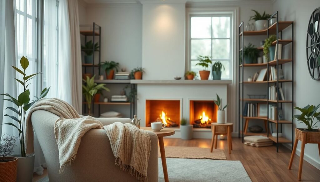 A serene interior space designed for relaxation and comfort, featuring soft, muted color palettes of pale blues and gentle greens. In the foreground, a plush, oversized armchair draped with a cozy throw sits beside a small wooden side table adorned with a steaming herbal tea. The middle ground includes a warm, glowing fireplace and shelves filled with plants and well-loved books, creating an inviting atmosphere. In the background, large windows allow natural light to flood the room, with sheer curtains softly billowing. The lighting is warm and diffused, enhancing the tranquil ambiance. The scene conveys a sense of peace and welcome, perfect for reflecting feminine inspiration in design that promotes calmness and comfort.
