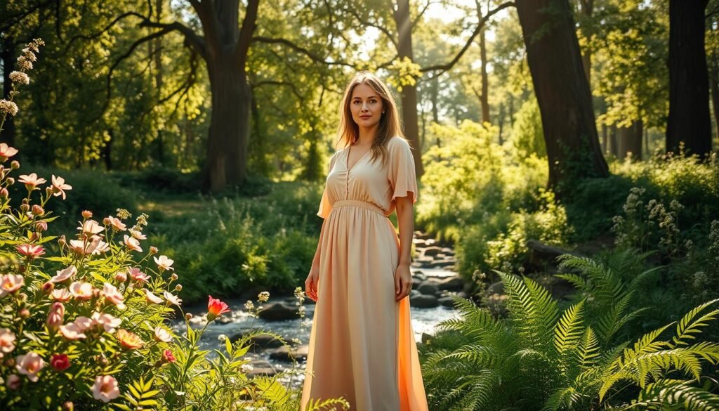 A serene outdoor scene featuring a confident woman standing amidst lush greenery and vibrant floral elements, embodying a sense of natural inspiration. In the foreground, the woman is dressed in a flowing, modest dress that complements the colors of the surrounding nature. She is surrounded by blossoming wildflowers and soft ferns. In the middle ground, a gently flowing stream reflects soft sunlight, enhancing the peaceful atmosphere. The background is filled with tall, majestic trees, their leaves filtering the sunlight, casting dappled shadows on the ground. The lighting is warm and golden, suggesting a late afternoon glow. The composition should evoke tranquility and harmony, illustrating the powerful connection between femininity and the natural world.