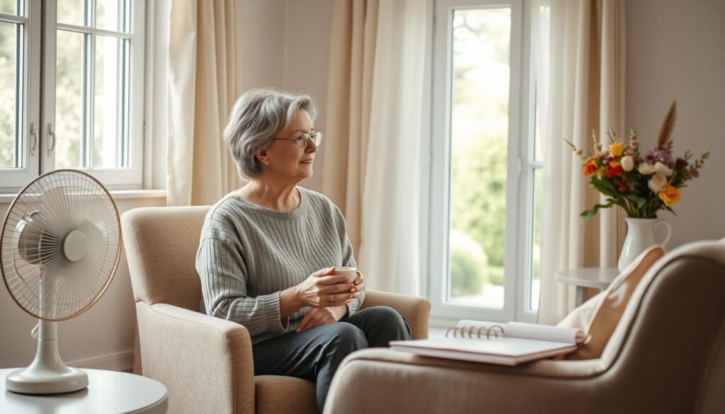 A serene room with soft, natural lighting, showcasing a middle-aged woman in comfortable, modest attire, reflecting on her experience with menopause. In the foreground, she sits thoughtfully on a cozy armchair, holding a herbal tea cup, symbolizing self-care. Surrounding her are subtle visual elements representing symptoms of menopause: a gentle fan beside her to indicate hot flashes, a small notebook for journaling, and a vase of flowers to signify emotional balance. In the background, a sunlit window offers a view of a calming garden, enhancing the atmosphere of tranquility and resilience. The overall mood should evoke a sense of hope, empowerment, and acceptance during this natural life transition. A serene room with soft, natural lighting, showcasing a middle-aged woman in comfortable, modest attire, reflecting on her experience with menopause. In the foreground, she sits thoughtfully on a cozy armchair, holding a herbal tea cup, symbolizing self-care. Surrounding her are subtle visual elements representing symptoms of menopause: a gentle fan beside her to indicate hot flashes, a small notebook for journaling, and a vase of flowers to signify emotional balance. In the background, a sunlit window offers a view of a calming garden, enhancing the atmosphere of tranquility and resilience. The overall mood should evoke a sense of hope, empowerment, and acceptance during this natural life transition.