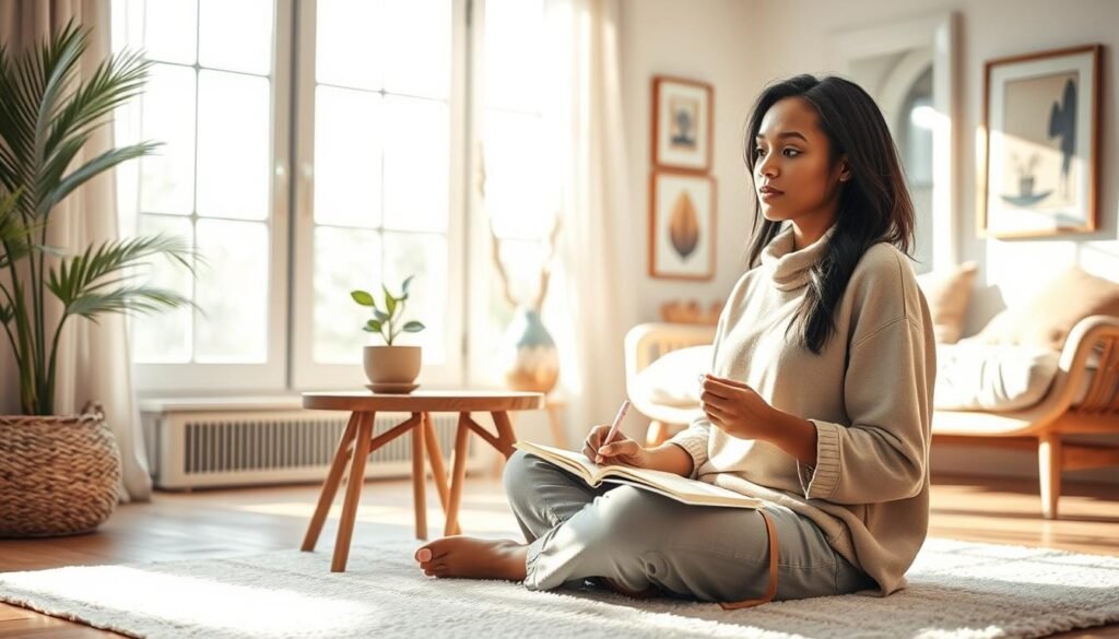 A serene scene depicting a woman engaging in self-reflection in a cozy, sunlit room. In the foreground, a young woman of diverse descent sits cross-legged on a soft rug, wearing modest casual clothing, with a thoughtful expression as she journals in a notebook. In the middle ground, a small wooden table holds a steaming cup of herbal tea and a potted plant, symbolizing growth and mindfulness. In the background, large windows allow natural light to pour in, illuminating the warm, inviting space adorned with tranquil art. The atmosphere is peaceful and empowering, evoking a sense of clarity and calmness, embodying the theme of feminine self-knowledge. Soft, diffused lighting enhances the tranquil mood, while the angle captures an intimate perspective of the woman’s journey of self-discovery.