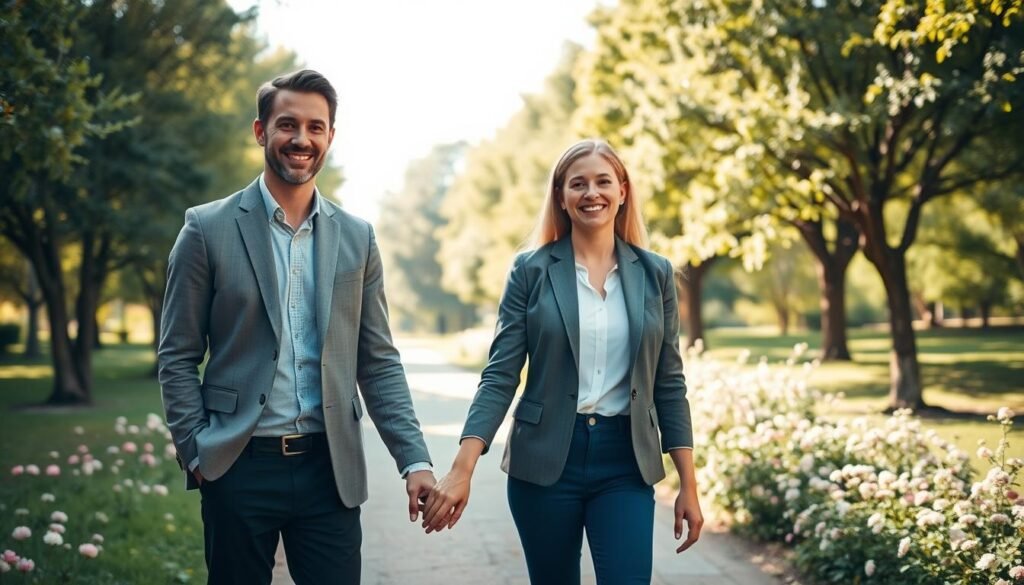 A serene scene depicting two individuals engaged in a healthy relationship, standing together in a lush park setting. The foreground features a couple, a man and woman, both wearing smart casual attire, smiling and holding hands, radiating mutual respect and support. In the middle ground, there are blooming flowers and a gentle pathway that symbolizes their journey together. The background showcases soft, green trees under a bright, sunny sky, gathering warmth and positivity. The lighting is soft and natural, injecting a warm glow into the scene, while the angle is slightly elevated, capturing both the couple’s expressions and the surrounding beauty. The overall mood is uplifting, conveying connection, harmony, and the foundations of a healthy relationship. A serene scene depicting two individuals engaged in a healthy relationship, standing together in a lush park setting. The foreground features a couple, a man and woman, both wearing smart casual attire, smiling and holding hands, radiating mutual respect and support. In the middle ground, there are blooming flowers and a gentle pathway that symbolizes their journey together. The background showcases soft, green trees under a bright, sunny sky, gathering warmth and positivity. The lighting is soft and natural, injecting a warm glow into the scene, while the angle is slightly elevated, capturing both the couple’s expressions and the surrounding beauty. The overall mood is uplifting, conveying connection, harmony, and the foundations of a healthy relationship.