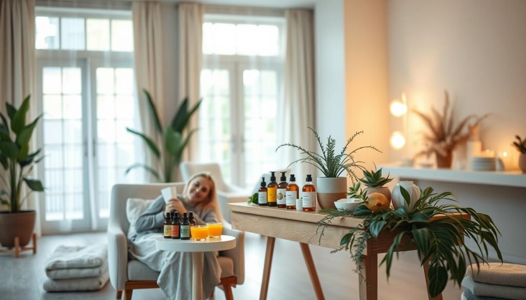 A serene, softly-lit spa environment filled with calming, neutral colors. In the foreground, a person in modest casual clothing sits in a comfortable chair, gently smiling while holding a skincare product, symbolizing self-care and emotional well-being. In the middle, a beautifully arranged table displays an array of aesthetic products like essential oils, herbal teas, and lush plants, representing health and tranquility. In the background, large windows show soft, natural light streaming in, with hints of greenery outside. The atmosphere is warm and inviting, evoking feelings of relaxation and mental peace. The focus should be on the connection between aesthetic care and emotional wellness, captured through a balanced composition and soft, diffused lighting. A serene, softly-lit spa environment filled with calming, neutral colors. In the foreground, a person in modest casual clothing sits in a comfortable chair, gently smiling while holding a skincare product, symbolizing self-care and emotional well-being. In the middle, a beautifully arranged table displays an array of aesthetic products like essential oils, herbal teas, and lush plants, representing health and tranquility. In the background, large windows show soft, natural light streaming in, with hints of greenery outside. The atmosphere is warm and inviting, evoking feelings of relaxation and mental peace. The focus should be on the connection between aesthetic care and emotional wellness, captured through a balanced composition and soft, diffused lighting.