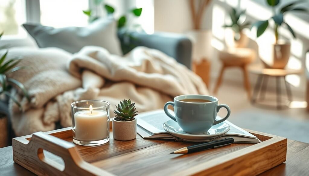 A serene spa-like setting that captures the essence of self-care, featuring a cozy nook with soft pillows and a plush blanket draped over a chair. In the foreground, a beautifully arranged wooden tray holds a scented candle, a small potted succulent, and an open journal with a pen, inviting reflection. The middle ground showcases a gently steaming cup of herbal tea, surrounded by natural light streaming through a window, illuminating the scene with a warm, tranquil glow. In the background, there are soft, blurred details of houseplants and minimalist decor to create an atmosphere of calm. The overall mood is one of relaxation and peaceful solitude, perfect for promoting a sense of pause and wellness throughout the day. A serene spa-like setting that captures the essence of self-care, featuring a cozy nook with soft pillows and a plush blanket draped over a chair. In the foreground, a beautifully arranged wooden tray holds a scented candle, a small potted succulent, and an open journal with a pen, inviting reflection. The middle ground showcases a gently steaming cup of herbal tea, surrounded by natural light streaming through a window, illuminating the scene with a warm, tranquil glow. In the background, there are soft, blurred details of houseplants and minimalist decor to create an atmosphere of calm. The overall mood is one of relaxation and peaceful solitude, perfect for promoting a sense of pause and wellness throughout the day.