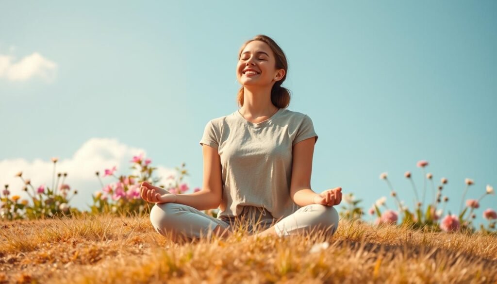 A serene, warm-toned image depicting a peaceful scene that embodies self-love. In the foreground, a young woman sits cross-legged on a soft, grassy hill, wearing a modest casual outfit, with a gentle smile on her face, radiating confidence and tranquility. Her eyes are closed, and she appears to be meditating or enjoying a moment of reflection. The middle ground features a blooming flower garden surrounding her, symbolizing growth and positivity. In the background, a clear blue sky with a few fluffy clouds creates a bright atmosphere, while the sun casts a soft, golden light over the entire scene. The overall mood is uplifting and serene, emphasizing the importance of self-care and inner peace in nurturing relationships. The composition should evoke a sense of calm and inspiration. A serene, warm-toned image depicting a peaceful scene that embodies self-love. In the foreground, a young woman sits cross-legged on a soft, grassy hill, wearing a modest casual outfit, with a gentle smile on her face, radiating confidence and tranquility. Her eyes are closed, and she appears to be meditating or enjoying a moment of reflection. The middle ground features a blooming flower garden surrounding her, symbolizing growth and positivity. In the background, a clear blue sky with a few fluffy clouds creates a bright atmosphere, while the sun casts a soft, golden light over the entire scene. The overall mood is uplifting and serene, emphasizing the importance of self-care and inner peace in nurturing relationships. The composition should evoke a sense of calm and inspiration.