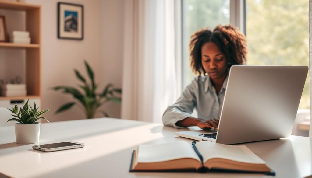 A serene workspace illustrating balanced technology use for mental health. In the foreground, a person of diverse ethnicity sits at a clean desk, engaging with an open laptop, dressed in casual yet professional clothing. A calming indoor plant adds a touch of nature. The middle layer features a well-organized space with a smartphone, meditation app, and a journal, symbolizing healthy technology integration. In the background, a subtle soft-focus window reveals sunlight streaming in, highlighting a peaceful outdoor scene with trees and gentle greenery. The overall lighting is warm and inviting, creating a tranquil atmosphere. The composition evokes a sense of balance, emphasizing harmony between technology and self-care.