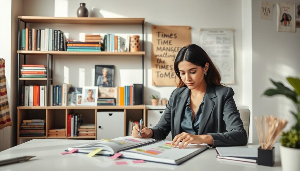 A serene workspace scene illustrating time management techniques for women. In the foreground, a woman in professional attire is sitting at a stylish desk, focused on a planner filled with colorful notes and to-do lists. She has a calm expression, embodying productivity and balance. In the middle ground, shelves are filled with books about time management and productivity, alongside a vision board with motivational quotes and images. The background features soft, natural light streaming through a large window, creating a warm and inviting atmosphere. The overall mood is one of tranquility and empowerment, emphasizing a productive daily routine without overwhelm. Use a slightly elevated angle to capture the entire setting, ensuring clarity and depth. A serene workspace scene illustrating time management techniques for women. In the foreground, a woman in professional attire is sitting at a stylish desk, focused on a planner filled with colorful notes and to-do lists. She has a calm expression, embodying productivity and balance. In the middle ground, shelves are filled with books about time management and productivity, alongside a vision board with motivational quotes and images. The background features soft, natural light streaming through a large window, creating a warm and inviting atmosphere. The overall mood is one of tranquility and empowerment, emphasizing a productive daily routine without overwhelm. Use a slightly elevated angle to capture the entire setting, ensuring clarity and depth.