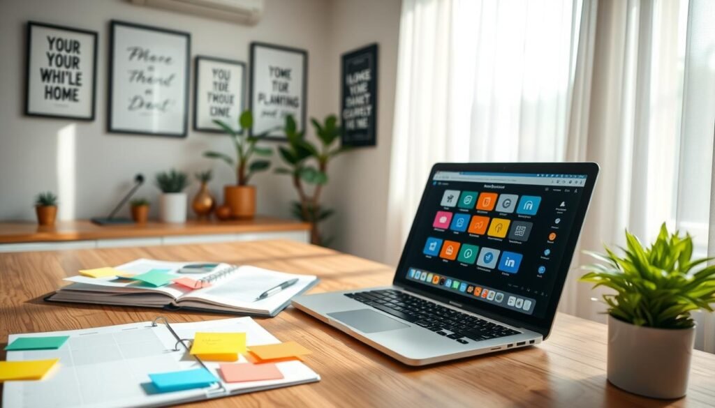 A sleek office workspace featuring a wooden desk neatly organized with a laptop displaying various productivity apps on the screen. In the foreground, colorful sticky notes and a planner are openly visible, showcasing effective time management. The middle layer includes potted plants and motivational quotes framed on the wall, adding a touch of inspiration. The background displays a large window with soft natural light filtering through sheer curtains, casting gentle shadows across the room. The atmosphere is calm and focused, suggesting a productive vibe. The composition is captured using a wide-angle lens, highlighting the organization and clarity in the workspace, ideal for women seeking to manage their daily routines effectively. A sleek office workspace featuring a wooden desk neatly organized with a laptop displaying various productivity apps on the screen. In the foreground, colorful sticky notes and a planner are openly visible, showcasing effective time management. The middle layer includes potted plants and motivational quotes framed on the wall, adding a touch of inspiration. The background displays a large window with soft natural light filtering through sheer curtains, casting gentle shadows across the room. The atmosphere is calm and focused, suggesting a productive vibe. The composition is captured using a wide-angle lens, highlighting the organization and clarity in the workspace, ideal for women seeking to manage their daily routines effectively.
