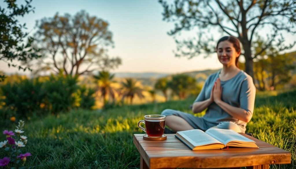 A tranquil scene featuring a person practicing mindfulness in a serene outdoor setting, surrounded by lush greenery and vibrant flowers. The individual, dressed in comfortable yet modest casual clothing, sits cross-legged on a soft grass patch, with a gentle smile that radiates peace. In the foreground, a small wooden table holds a steaming cup of herbal tea and an open notebook. The middle ground showcases sun-dappled trees under a clear blue sky, casting a warm glow. In the background, soft hills fade into the distance, creating a sense of calm and space. The lighting is soft and warm, emphasizing the tranquil atmosphere, perfect for illustrating practical strategies for a lighter life. A tranquil scene featuring a person practicing mindfulness in a serene outdoor setting, surrounded by lush greenery and vibrant flowers. The individual, dressed in comfortable yet modest casual clothing, sits cross-legged on a soft grass patch, with a gentle smile that radiates peace. In the foreground, a small wooden table holds a steaming cup of herbal tea and an open notebook. The middle ground showcases sun-dappled trees under a clear blue sky, casting a warm glow. In the background, soft hills fade into the distance, creating a sense of calm and space. The lighting is soft and warm, emphasizing the tranquil atmosphere, perfect for illustrating practical strategies for a lighter life.