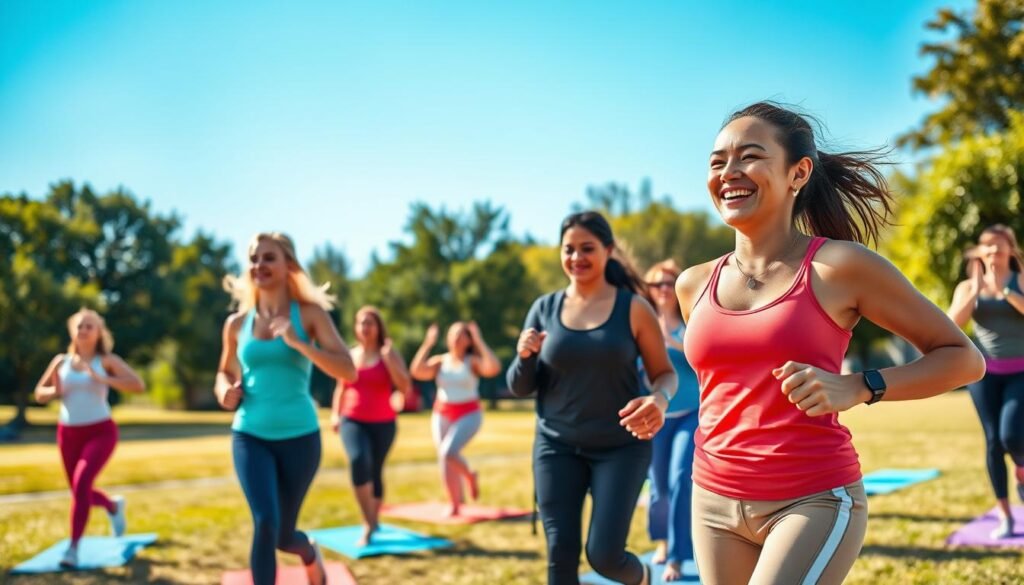 A vibrant and energetic scene depicting women of diverse backgrounds engaging in various physical activities, showcasing empowerment and health. In the foreground, one woman is jogging with a bright smile, dressed in comfortable athletic wear. In the middle ground, a group of women practices yoga together, demonstrating focus and balance, with yoga mats and serene expressions. The background features a sunny park setting with green trees and a clear blue sky, conveying a sense of tranquility and vitality. The lighting is warm and natural, suggesting a late afternoon glow. The angle captures a wide view, emphasizing movement and community. The overall mood is uplifting and motivating, highlighting women's dedication to fitness and well-being as a crucial aspect of health.