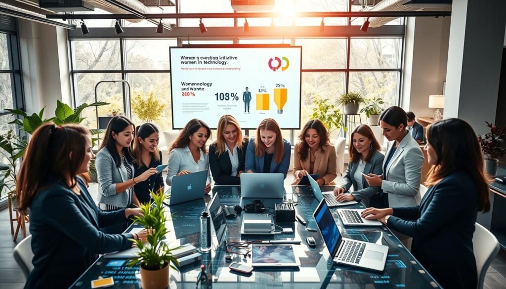 A vibrant and engaging workspace showcasing technological initiatives for women. In the foreground, a diverse group of women in professional business attire collaborates around a high-tech table filled with laptops, tablets, and digital devices, exuding energy and determination. In the middle ground, a large screen displays statistics and graphics highlighting women in technology, while plants and modern decor create an inviting atmosphere. The background features large windows with sunlight pouring in, illuminating the space with a warm glow. The angle is slightly from above, capturing the dynamic interaction among the women, fostering a sense of empowerment and innovation. The mood is optimistic and inspiring, reflecting a supportive environment for women in technology. A vibrant and engaging workspace showcasing technological initiatives for women. In the foreground, a diverse group of women in professional business attire collaborates around a high-tech table filled with laptops, tablets, and digital devices, exuding energy and determination. In the middle ground, a large screen displays statistics and graphics highlighting women in technology, while plants and modern decor create an inviting atmosphere. The background features large windows with sunlight pouring in, illuminating the space with a warm glow. The angle is slightly from above, capturing the dynamic interaction among the women, fostering a sense of empowerment and innovation. The mood is optimistic and inspiring, reflecting a supportive environment for women in technology.