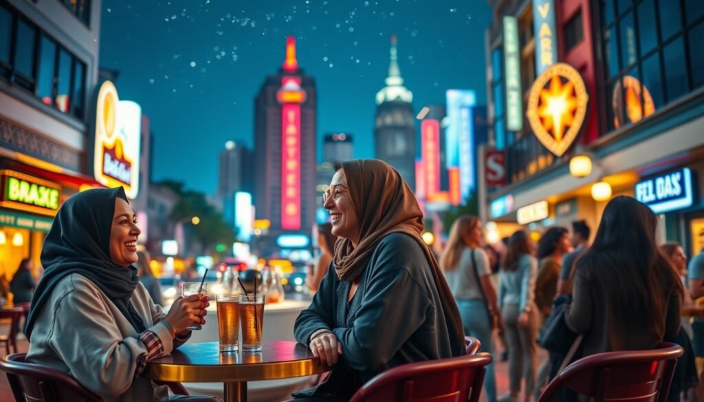 A vibrant city nightlife scene showcasing a diverse group of women enjoying an evening out. In the foreground, two women in modest yet stylish casual outfits share laughter and drinks at a chic outdoor café table, with soft ambient lighting highlighting their joyful expressions. In the middle ground, a bustling street filled with lively bars and colorful neon lights reflects a sense of safety and camaraderie among young women exploring the nightlife together. In the background, the silhouette of a city skyline under a starry sky provides a backdrop of urban energy. The image should capture a warm and inviting atmosphere, emphasizing connection and freedom, with warm lighting and a focus on the thrilling yet safe experience of night exploration.