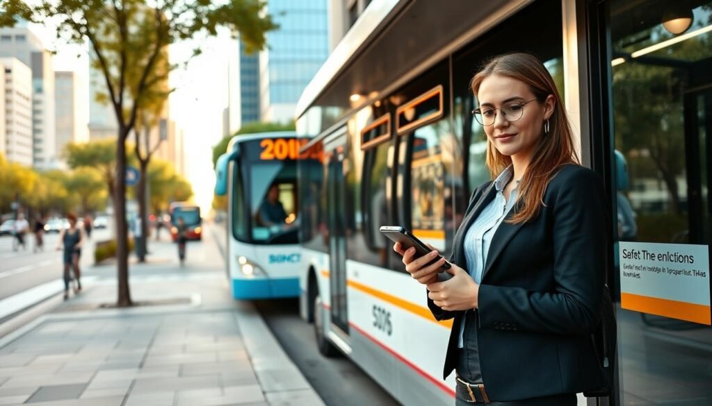 A vibrant city scene depicting a safe and efficient transportation environment. In the foreground, a confident young woman in professional business attire stands at a bus stop, holding a transit card and looking at her smartphone for route updates. The middle ground features a well-maintained public transit bus arriving, with friendly drivers visible through the windshield, promoting a sense of trust and reliability. In the background, a bustling urban landscape showcases clean streets, trees lining the sidewalks, and a mix of pedestrians and cyclists, emphasizing safety in mobility. The lighting is warm and inviting, suggesting a late afternoon with soft shadows. The overall mood is one of empowerment and tranquility, highlighting the freedom of solo travel.