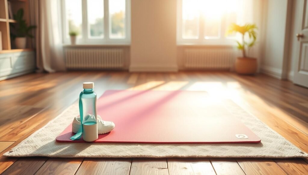A vibrant exercise mat placed centrally on a wooden floor, adorned with a soft, light-colored rug underneath. The foreground features a water bottle and a pair of pastel-colored sneakers casually placed next to the mat. In the middle, the mat is unrolled, displaying a smooth surface with a subtle texture and lively patterns, suggesting a fresh start to the day. The background is softly blurred, showcasing a bright, sunlit room with large windows filtering in warm, golden light, creating an inviting atmosphere. The mood is energized and uplifting, perfect for morning workouts, evoking a sense of motivation and positivity. The angle is slightly from above, providing a comprehensive view of the setup. A vibrant exercise mat placed centrally on a wooden floor, adorned with a soft, light-colored rug underneath. The foreground features a water bottle and a pair of pastel-colored sneakers casually placed next to the mat. In the middle, the mat is unrolled, displaying a smooth surface with a subtle texture and lively patterns, suggesting a fresh start to the day. The background is softly blurred, showcasing a bright, sunlit room with large windows filtering in warm, golden light, creating an inviting atmosphere. The mood is energized and uplifting, perfect for morning workouts, evoking a sense of motivation and positivity. The angle is slightly from above, providing a comprehensive view of the setup.