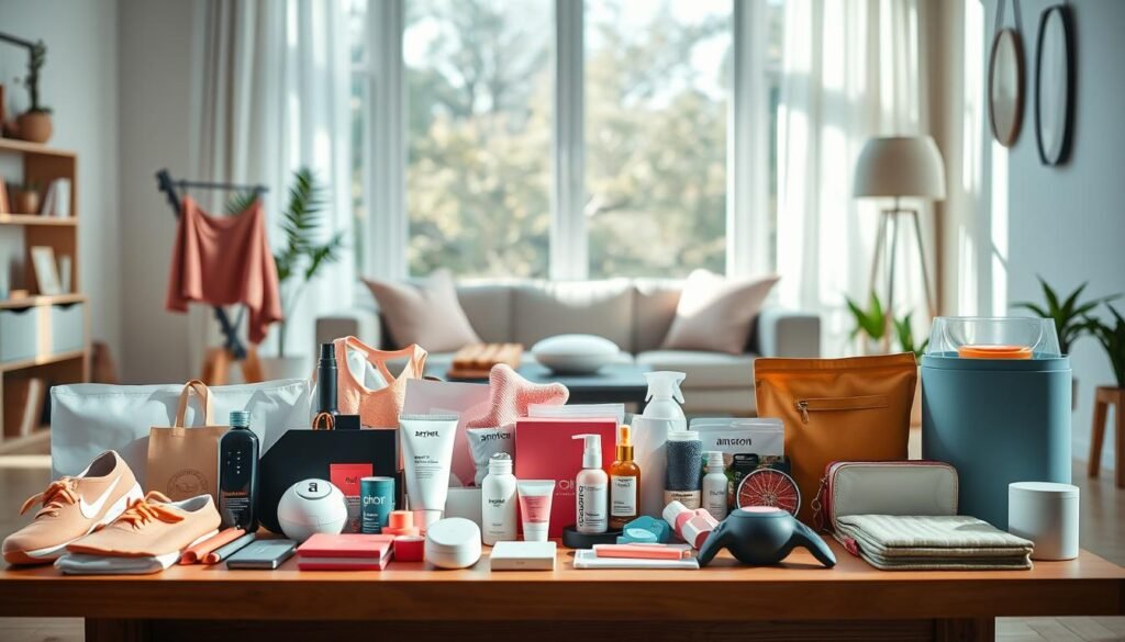 A vibrant, inviting scene showcasing Amazon's diverse products and attractive offers. In the foreground, a neatly arranged assortment of popular items for women, such as stylish activewear, wellness gadgets, skincare products, and practical home organization tools. The middle ground features a cozy, modern living space with natural lighting streaming through large windows, highlighting the products. In the background, soft, soothing colors create a tranquil atmosphere, enhancing the sense of well-being and practicality. Use a warm color palette to evoke a friendly mood, with soft shadows to add depth. Capture the scene from a slightly elevated angle to provide a comprehensive view of the arrangement. A vibrant, inviting scene showcasing Amazon's diverse products and attractive offers. In the foreground, a neatly arranged assortment of popular items for women, such as stylish activewear, wellness gadgets, skincare products, and practical home organization tools. The middle ground features a cozy, modern living space with natural lighting streaming through large windows, highlighting the products. In the background, soft, soothing colors create a tranquil atmosphere, enhancing the sense of well-being and practicality. Use a warm color palette to evoke a friendly mood, with soft shadows to add depth. Capture the scene from a slightly elevated angle to provide a comprehensive view of the arrangement.