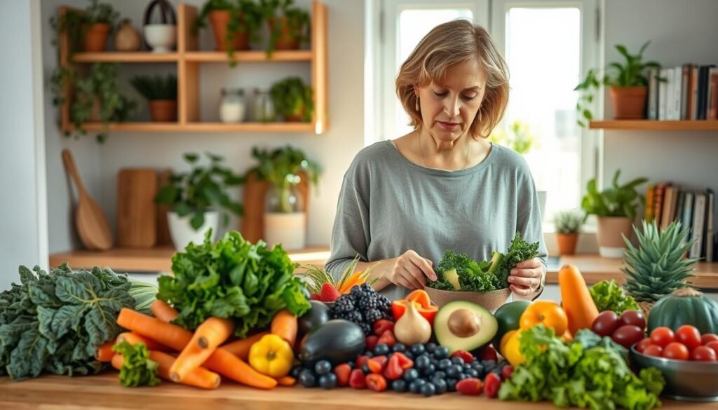 A vibrant kitchen scene focusing on healthy eating during menopause. In the foreground, a diverse array of colorful fruits and vegetables such as kale, carrots, avocados, and berries arranged on a clean, wooden countertop. A middle-aged woman in modest, casual clothing is thoughtfully preparing a salad, her expression calm and focused. In the background, natural light filters through a window, illuminating the kitchen filled with houseplants and healthy cookbooks. The atmosphere is warm and inviting, conveying a sense of balance and well-being. The scene captures the essence of lifestyle changes during menopause, promoting a healthy diet and self-care. The composition is bright and airy, creating a positive and encouraging mood. A vibrant kitchen scene focusing on healthy eating during menopause. In the foreground, a diverse array of colorful fruits and vegetables such as kale, carrots, avocados, and berries arranged on a clean, wooden countertop. A middle-aged woman in modest, casual clothing is thoughtfully preparing a salad, her expression calm and focused. In the background, natural light filters through a window, illuminating the kitchen filled with houseplants and healthy cookbooks. The atmosphere is warm and inviting, conveying a sense of balance and well-being. The scene captures the essence of lifestyle changes during menopause, promoting a healthy diet and self-care. The composition is bright and airy, creating a positive and encouraging mood.