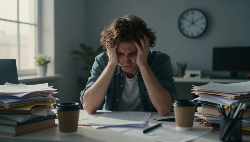 A visually striking representation of self-neglect in self-care, featuring a disheveled individual sitting at a cluttered desk in a dimly lit room, surrounded by overflowing paperwork and empty coffee cups. Their facial expression conveys stress and fatigue, embodying the signs of overwhelm. In the background, a clock shows late hours, hinting at a neglected personal life. Natural light filters through a window, casting a warm glow that contrasts with the cool tones of the indoor clutter. The atmosphere feels heavy, reflecting the weight of favoritism towards work over personal well-being. The scene should evoke empathy, illustrating the importance of recognizing the signs of neglect in self-care.