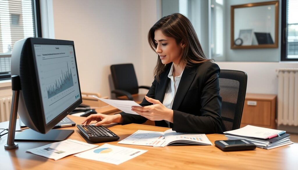 Crie uma imagem de uma mulher analisando suas finanças em um computador. Crie uma imagem de uma mulher analisando suas finanças em um computador.