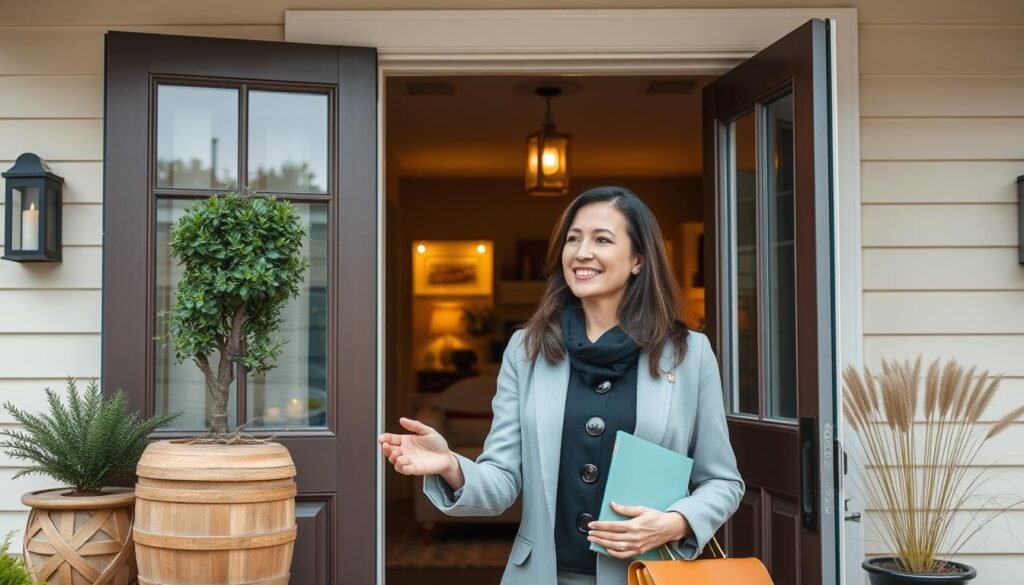 Crie uma imagem de uma mulher chegando a uma casa acolhedora, com uma anfitriã sorrindo e dando as boas-vindas. Crie uma imagem de uma mulher chegando a uma casa acolhedora, com uma anfitriã sorrindo e dando as boas-vindas.