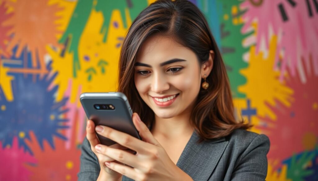 Crie uma imagem de uma mulher usando o aplicativo Bumble em seu smartphone, com um fundo colorido e vibrante. Crie uma imagem de uma mulher usando o aplicativo Bumble em seu smartphone, com um fundo colorido e vibrante.