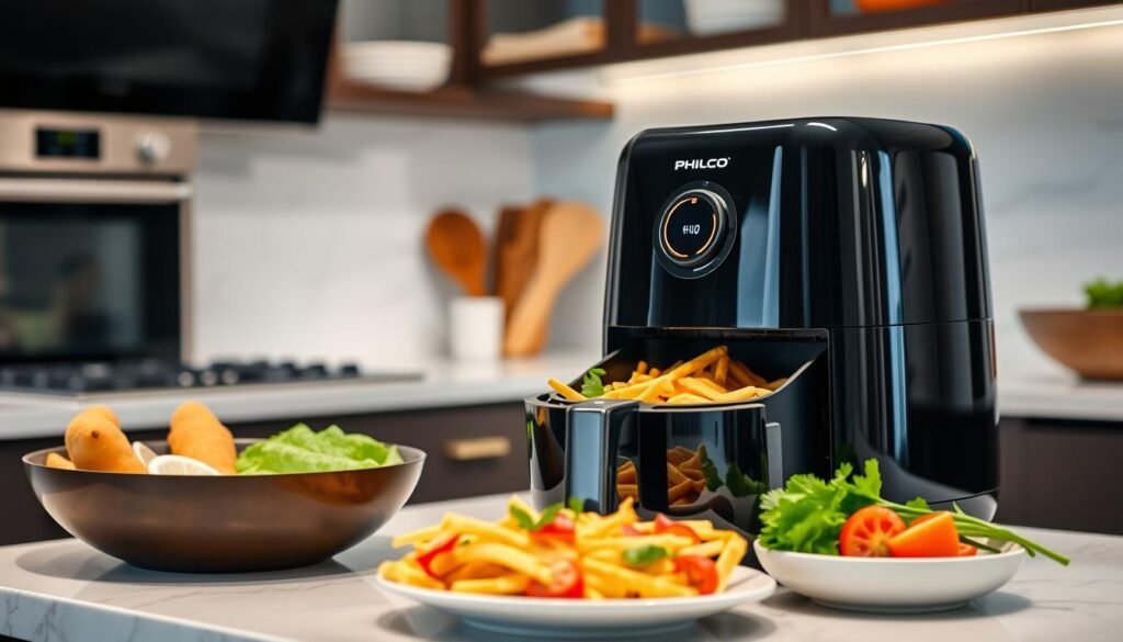 Fritadeira Air Fryer Philco preparando uma refeição saudável