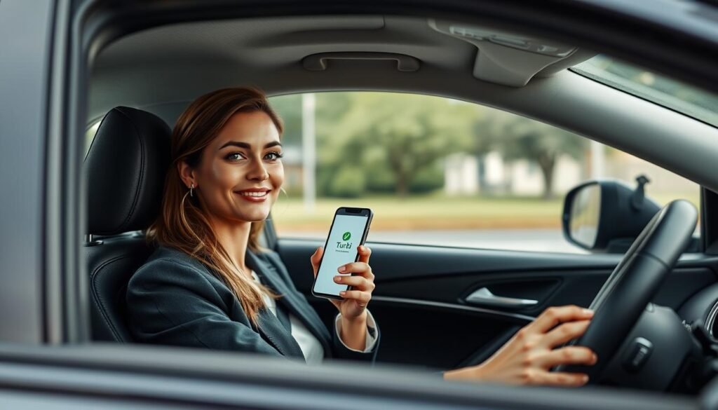 Gere uma imagem de uma mulher dirigindo um carro, com o aplicativo Turbi aberto no banco de passageiro. Gere uma imagem de uma mulher dirigindo um carro, com o aplicativo Turbi aberto no banco de passageiro.