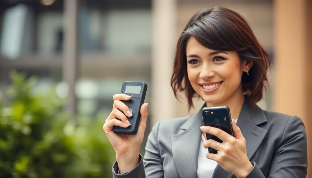 Gere uma imagem de uma mulher segurando um alarme pessoal. Gere uma imagem de uma mulher segurando um alarme pessoal.