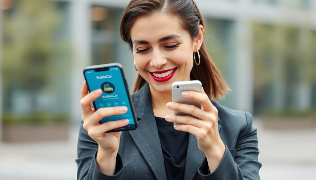 Gere uma imagem de uma mulher sorrindo enquanto olha para o celular, com o aplicativo BlaBlaCar aberto na tela. Gere uma imagem de uma mulher sorrindo enquanto olha para o celular, com o aplicativo BlaBlaCar aberto na tela.